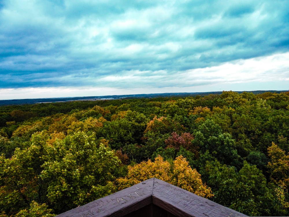 Panoramic view of Wisconsin Fall Colors from the top of Parnell Tower in the Kettle Moraine State Forest